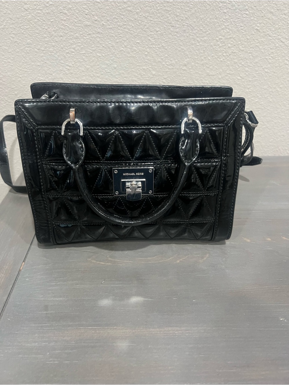 Michael Kors Black Quilted Patent Satchel with Turn-Lock